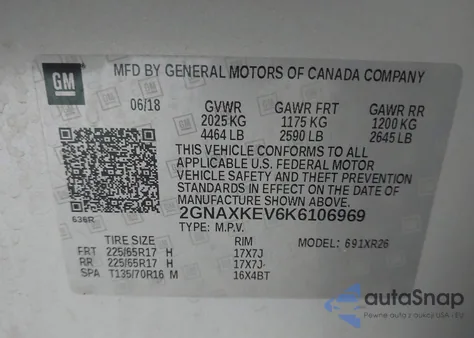 2019 Chevrolet Equinox Lt z USA, uszkodzony, nr VIN 2GNAXKEV6K6106969
